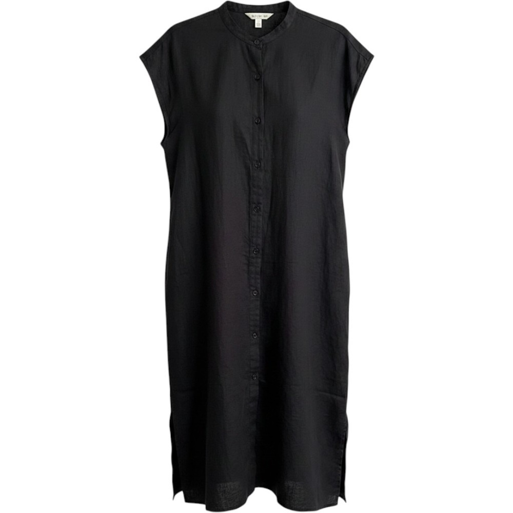 Classic Black 100% Linen Sleeveless Button Down Shirt Midi Dress M/L Pockets M-L